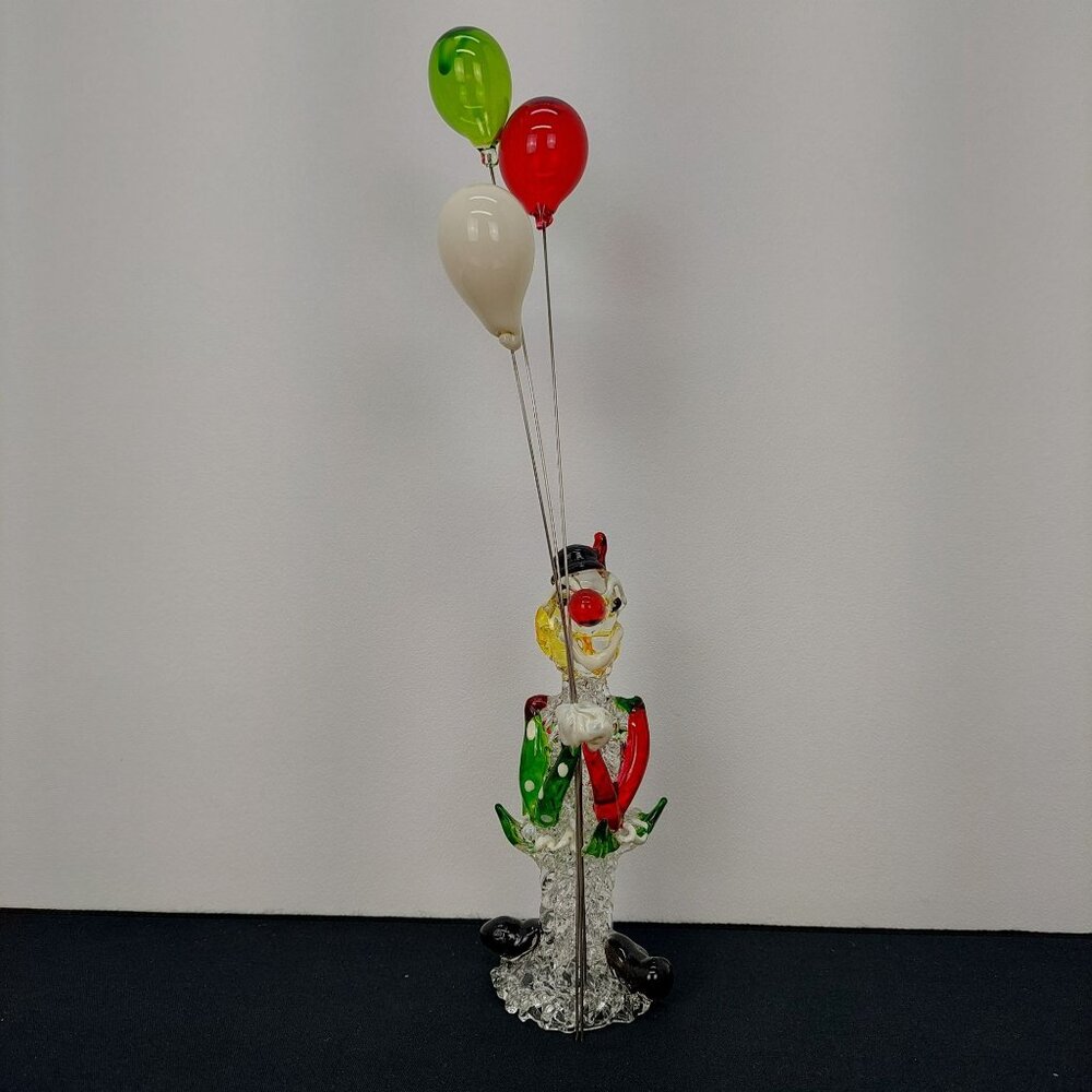VTG Handcrafted Spaghetti Glass Clown Figurine Holding Red Green White Balloons